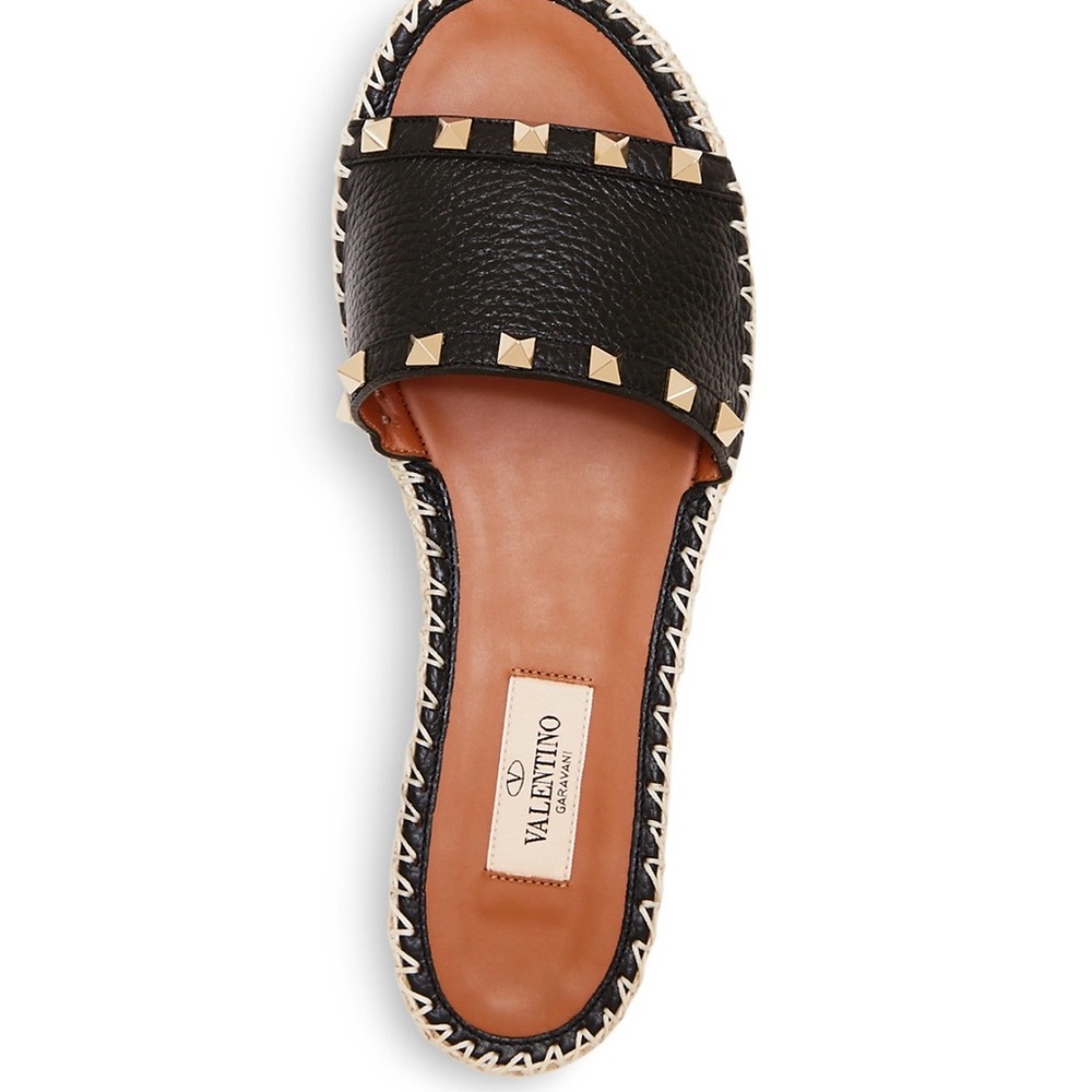 Valentino Garavani Black and Gold Studded Sandals in excellent condition